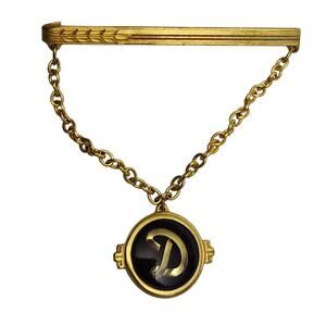 Vtg 1950s Hickock Art Deco Initial Letter D Chain Glass Dome Tie Bar Clip
